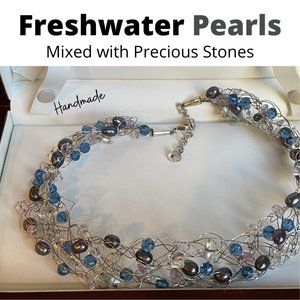 OOAK - Freshwater Cultured Pearl, Stone & Bead "Crochet" Necklace